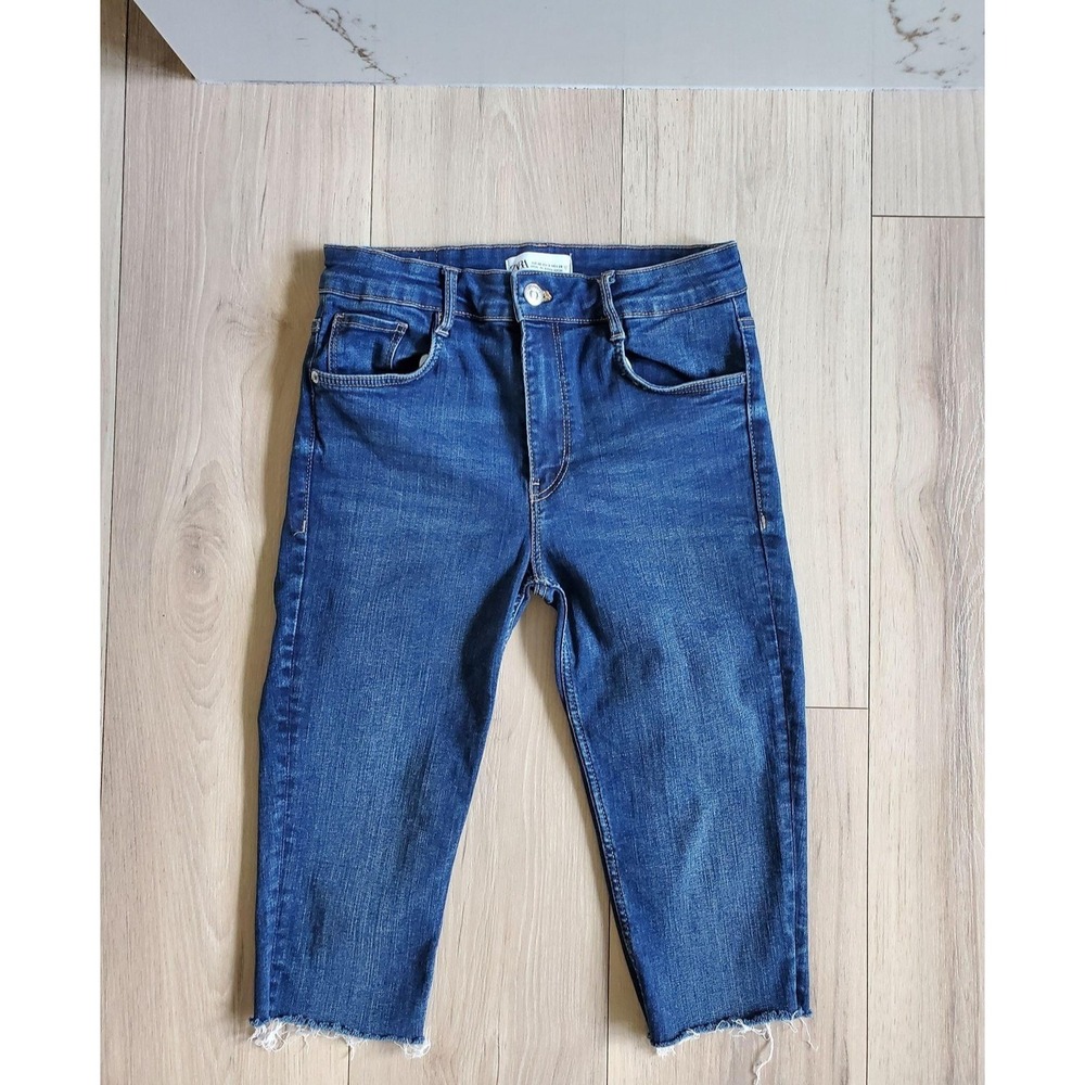 Zara Jeans Womens 6 Blue Cropped Raw Frayed Hem Stretch Denim Ankle Casual‎